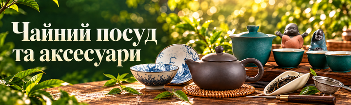 Чайник, гайвань, піали, чайні фігурки та аксесуари на дерев’яному столі